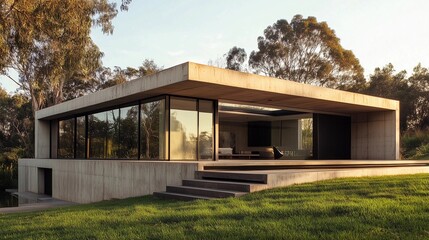 Obraz premium A small, single-story concrete house with a flat roof and large windows, located in the middle of a green, grassy yard
