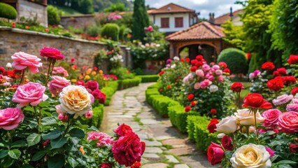 Fototapeta premium Rose Garden in Nessebar, Bulgaria , petals, beauty, petals, beauty, island, Mediterranean, bloom, ancient, old town, rose