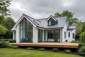 Contemporary Single-Story House with Sleek Design, Elevated Wooden Deck, and Overcast Sky Creating a Tranquil Outdoor Retreat