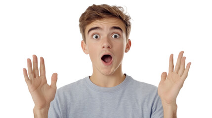 Surprised young man raising hands in disbelief, isolated on transparent background