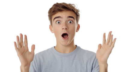 Surprised young man raising hands in disbelief, isolated on transparent background