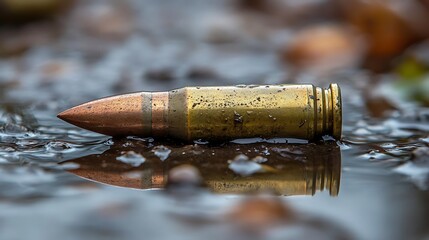 Bullet in the Mud: A solitary bullet lies in a puddle of mud, its brass casing reflecting the dim light of the surrounding forest. The image evokes a sense of danger and uncertainty.  