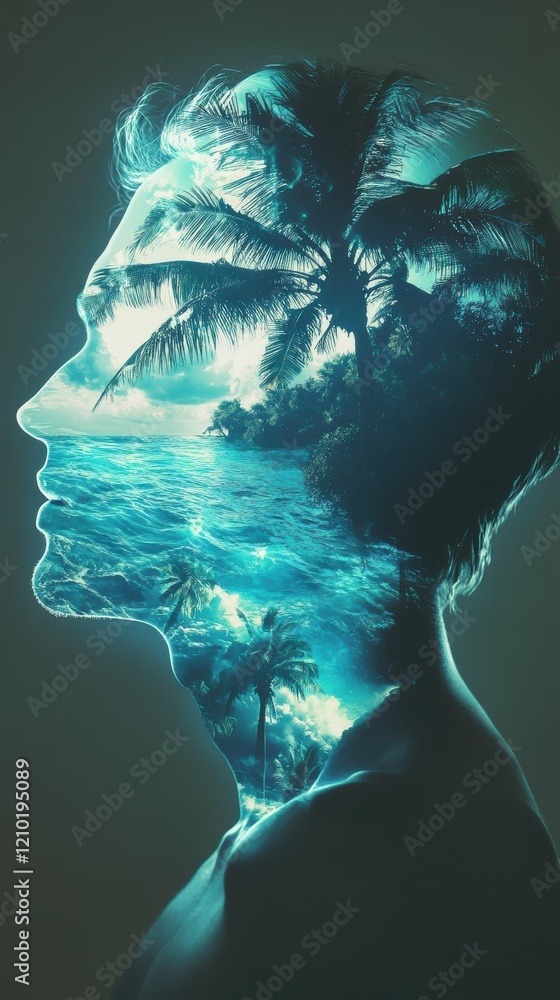 Poster Mysterious profile of a man with a landscape of palm trees and ocean waves