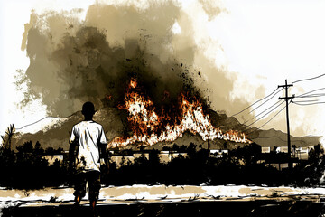 silhouette of a man looking at a fire 