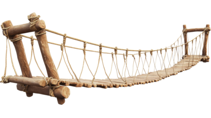 Suspension bridge in jungle, wooden and rope structure, isolated on transparent background