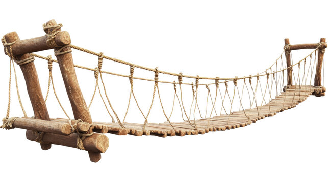 Fototapeta Suspension bridge in jungle, wooden and rope structure, isolated on transparent background