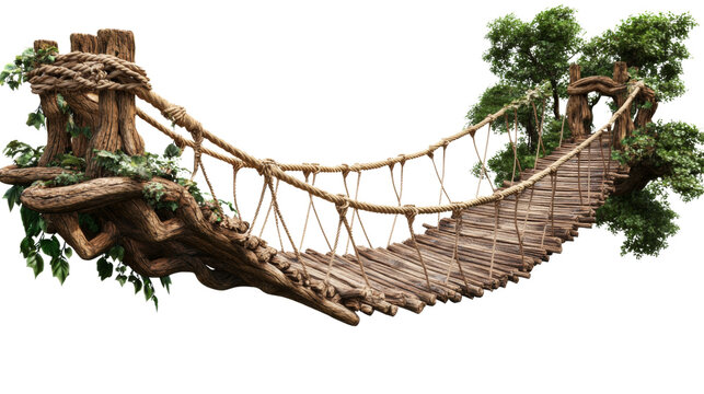 Fototapeta Suspension bridge in jungle, wooden and rope structure, isolated on transparent background