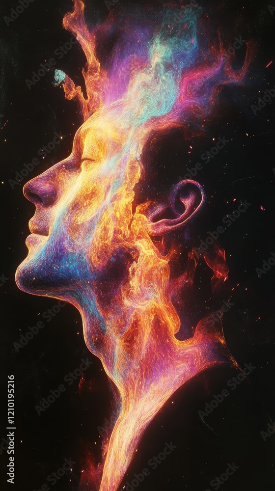 Poster mystical profile of a man filled with colorful cosmic flames in an ethereal atmosphere