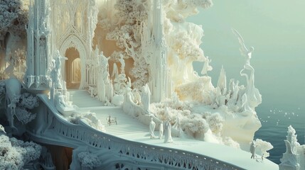 Obraz premium A fantastical world made of ice, with frozen animals and intricate, architectural details