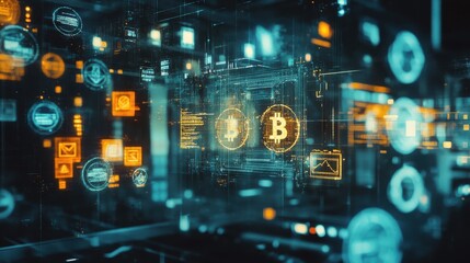 Modern design featuring cryptocurrency concepts with digital graphics and vibrant colors in a futuristic setting