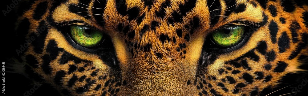 Poster Macro view captures the intense gaze of a leopard showcasing its striking features and vibrant green eyes