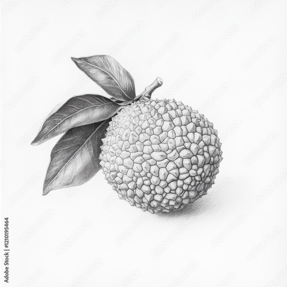 Poster Pencil drawing of a lychee showcasing its textured shell and leaves in natural artistic style
