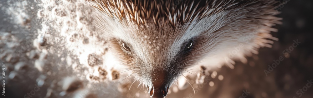 Poster Close-up view of a hedgehog's face revealing its unique features and textures in a natural setting during daylight