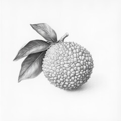 Pencil drawing of a lychee showcasing its textured shell and leaves in natural artistic style