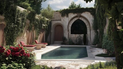 Obraz premium A photograph of an ancient pool in the garden, surrounded by a medieval-style wall with arched windows and wooden doors