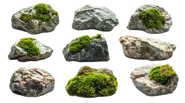 Various Textures of Natural Rocks with Green Moss for Nature Photography