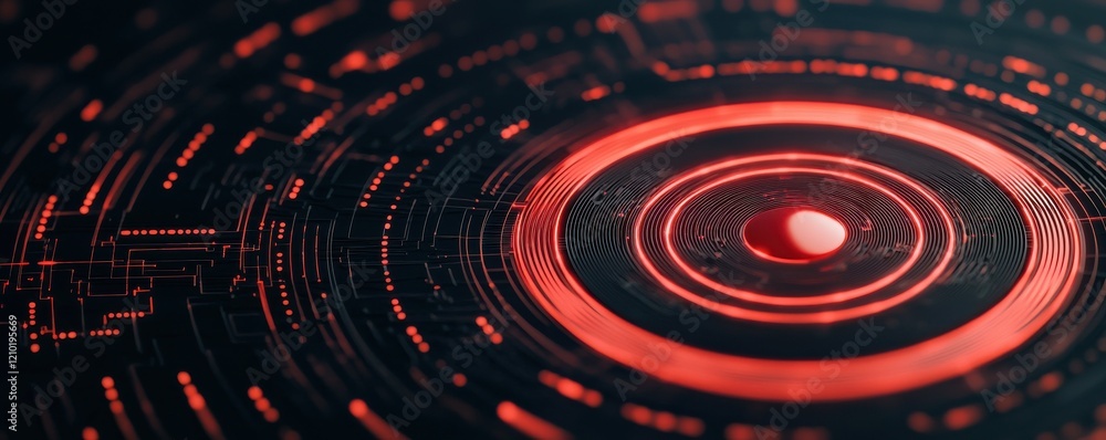 Poster a vibrant, abstract digital design featuring concentric circles and lines in red and black, evoking 