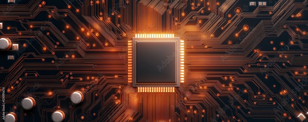 Poster a close-up of a microchip on a circuit board, highlighted by glowing lines and a dark background, sh