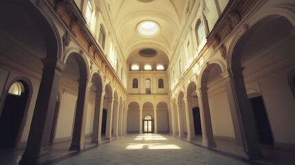 Obraz premium Cinematic shot of the interior of an old palace in Italy, the hallways and rooms extend endlessly, the ceiling is remarkably high with arched windows