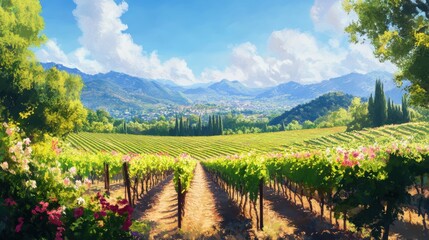 Fototapeta premium Lush vineyard landscape showcasing vibrant rows of grapevines against a backdrop of rolling hills and clear skies