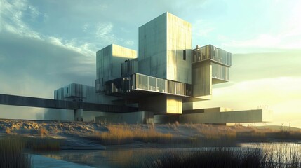 Architectural rendering, a tight cluster of square and rectangular boxes in various sizes, an angled perspective view