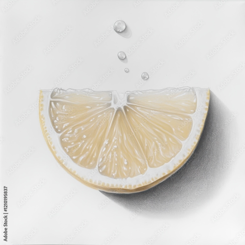 Poster Fresh lemon wedge with droplets of juice showcasing vibrant color and texture on a white background