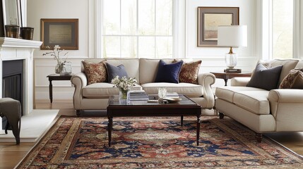 Elegant living room featuring a classic Persian rug with contemporary furnishings and soft natural light