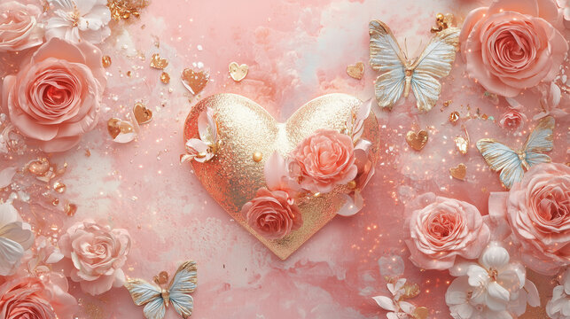The Valentine&rsquo;s Day card with pink roses and beautiful butterflies.
