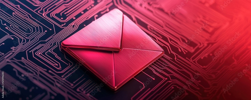 Poster a vibrant red envelope rests on a dark, circuit-patterned background, symbolizing digital communicat