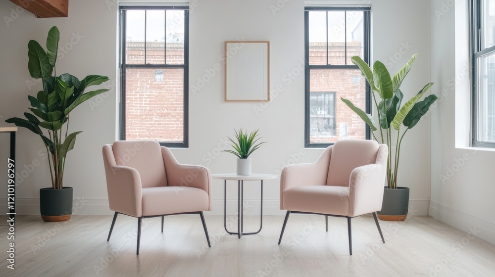 Poster modern office lounge with two pink armchairs and potted plants creating a relaxing workspace