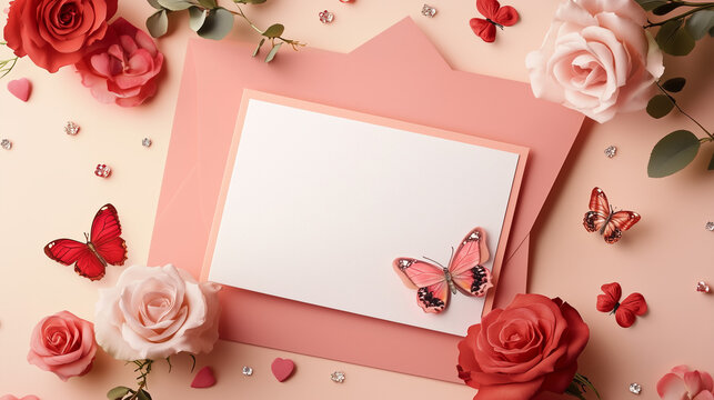 The Valentine&rsquo;s Day card with pink roses and beautiful butterflies.