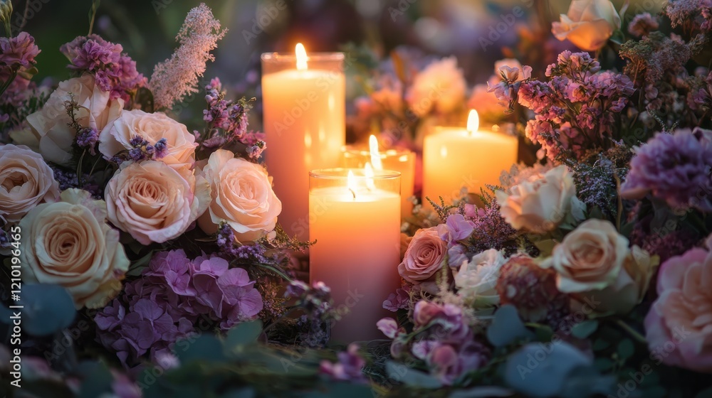 Aufkleber harmonious blend of peaceful floral arrangements and soft candlelight for a serene atmosphere in a g