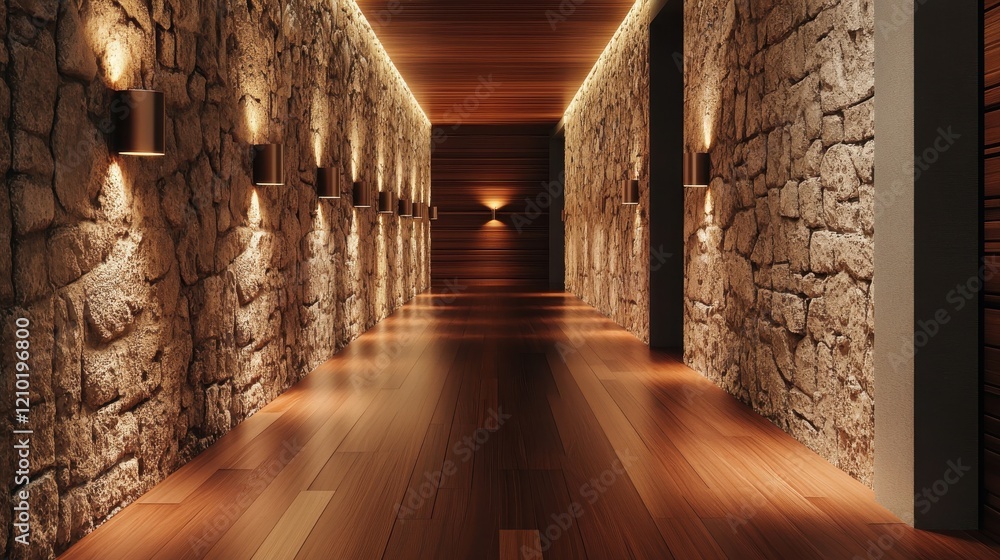 Aufkleber elegant hallway featuring polished stone walls and warm wooden flooring illuminated by soft lighting