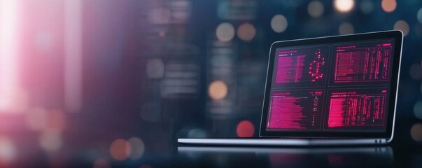 Obraz premium A sleek laptop displaying vibrant visual data on its screen, set against a blurred, illuminated background.