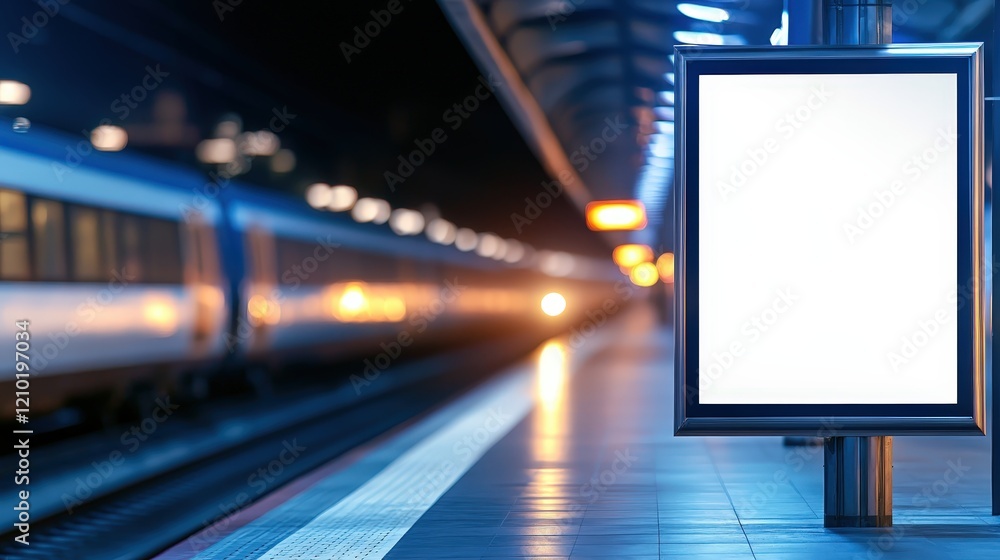 Poster empty billboard on train station platform surrounded by commuters and infrastructure highlighting ur