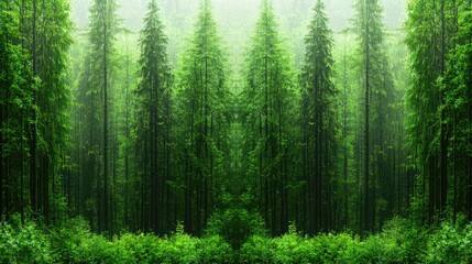 Fototapeta premium Misty forest scene, tall evergreen trees, tranquil nature, background for design