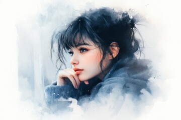 A watercolor painting of a person sitting by a window on a rainy day, with their chin resting on their hand and soft blues and grays blending into the background