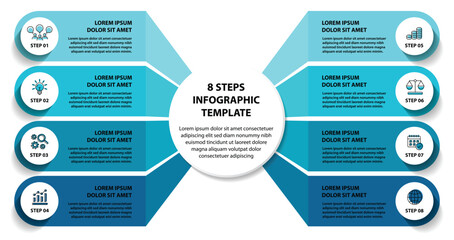 8 steps infographic template with 8 options. Flowchart that can be used for business report, data visualization and presentation. Timeline infographic elements vector illustration.