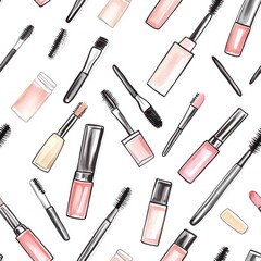Obraz premium Watercolor doodle of various makeup items arranged on a white background showcasing beauty tools and products