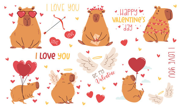 A set of flat vector illustrations in a simple children's style on the theme of valentine's day. Cute capybaras with hearts and wings on white background, captions. Vector illustration
