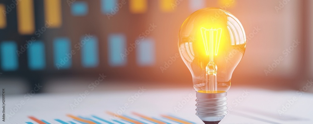 Poster a glowing light bulb symbolizes innovation and creativity, set against a backdrop of colorful lines 