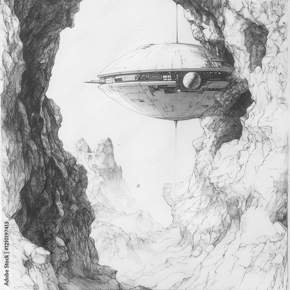 Poster floating futuristic space habitat navigates through rocky landscape in an alien environment