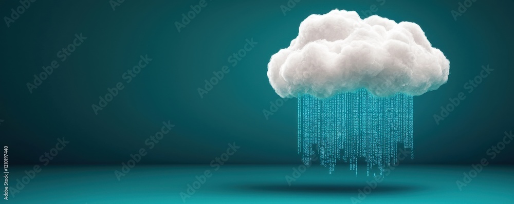 Poster a stylized cloud with digital rain, symbolizing data flow and cloud computing concepts against a tea