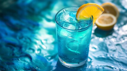 Fototapeta premium A refreshing blue cocktail with lemon, placed on an icy surface, creating a stunning visual contrast