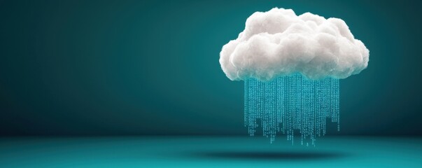 A stylized cloud with digital rain, symbolizing data flow and cloud computing concepts against a teal background.