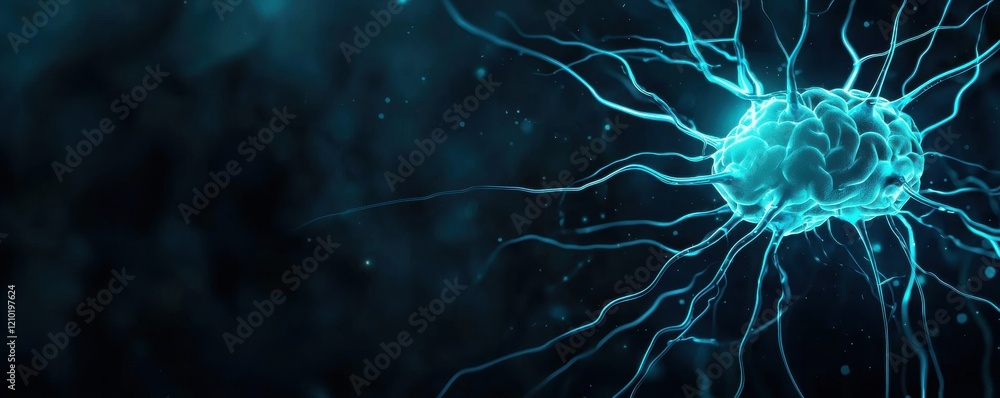 Poster a glowing neuron emits electric signals, illustrating the complexity of neural connections in a dark