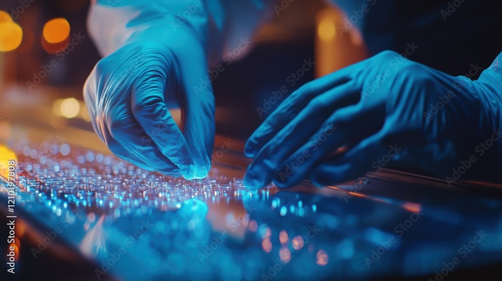 Aufkleber gloved hands meticulously arranging samples onto a microchip within a technologically advanced labor