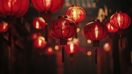 Traditional red lanterns hanging, glowing warmly at night