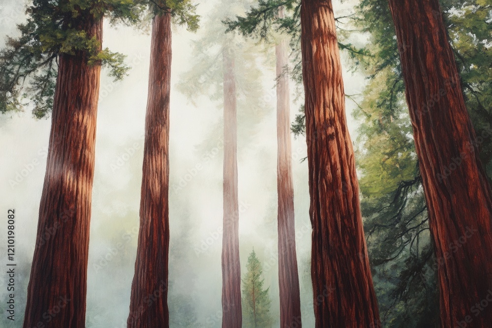 Poster redwood trees towering in misty forest landscape with sunlight filtering through branches, creating 