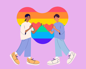 Pride month. Cute couple holding heart. Valentine`s day. Modern isolated vector illustration.